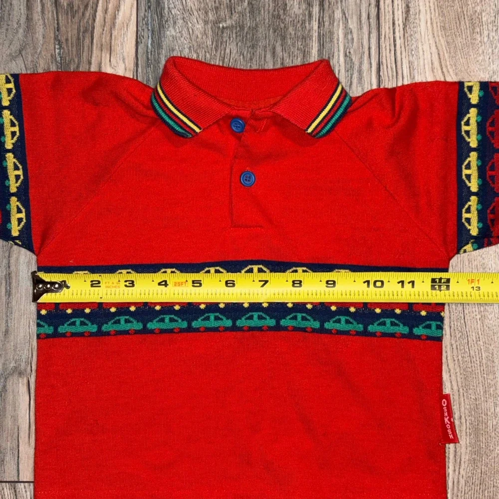 Vintage OshKosh Bgosh Kids Red Car Pattern Long Sleeve Polo Shirt 24 Months USA